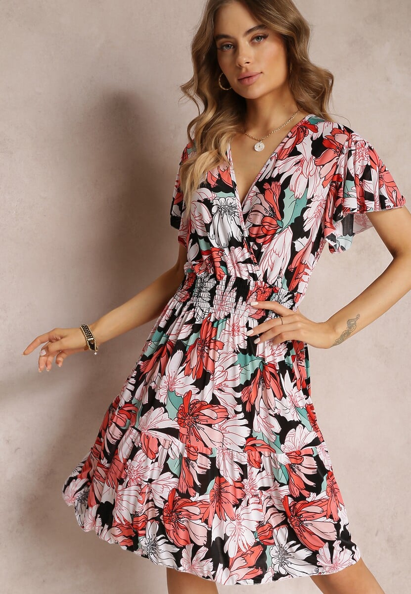 Rochie Neagră-Roșie Cloș Midi cu Imprimeu Floral și Elastic în Talie Athesine 1