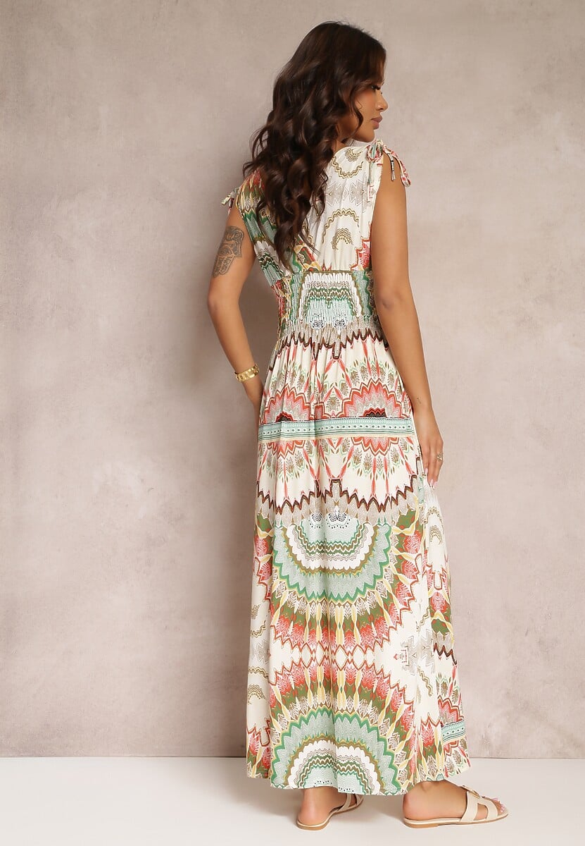 Zielona Sukienka z Wiskozy ze Wzorem Tie Dye z Gumką w Talii Brisea 3