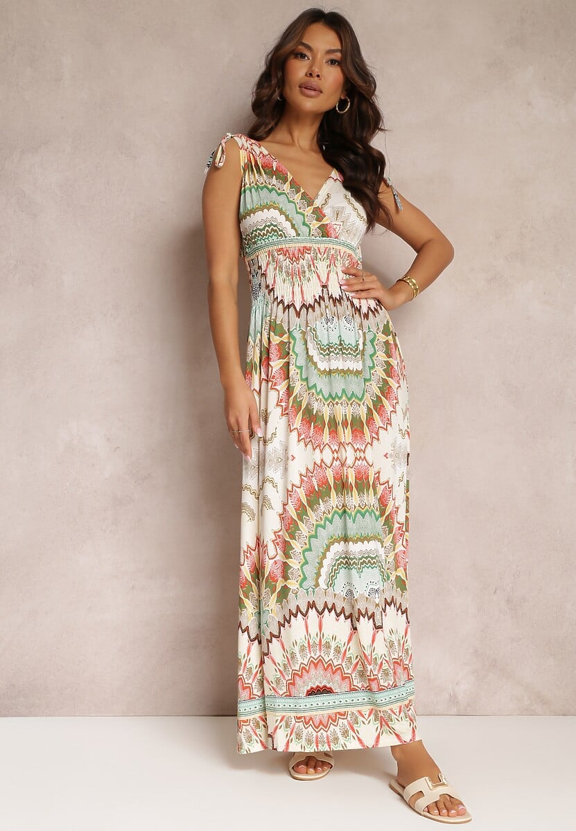 Zielona Sukienka z Wiskozy ze Wzorem Tie Dye z Gumką w Talii Brisea 2