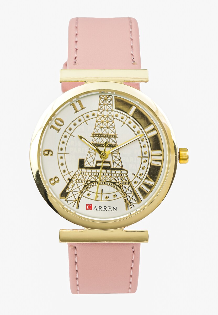 Różowy Zegarek z Okrągłą Wskazówkową Tarczą z Wieżą Eiffla Lexise 1