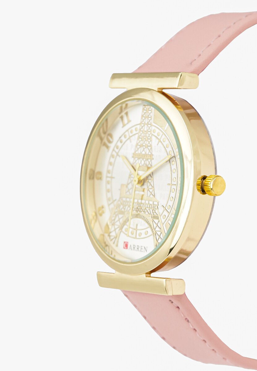 Różowy Zegarek z Okrągłą Wskazówkową Tarczą z Wieżą Eiffla Lexise 2