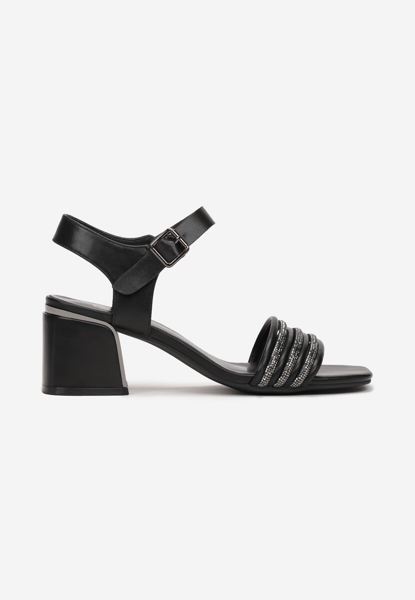 Sandale Negre cu Toc Decorativ cu Barete cu Pietre Strass și Cataramă Kalene 3