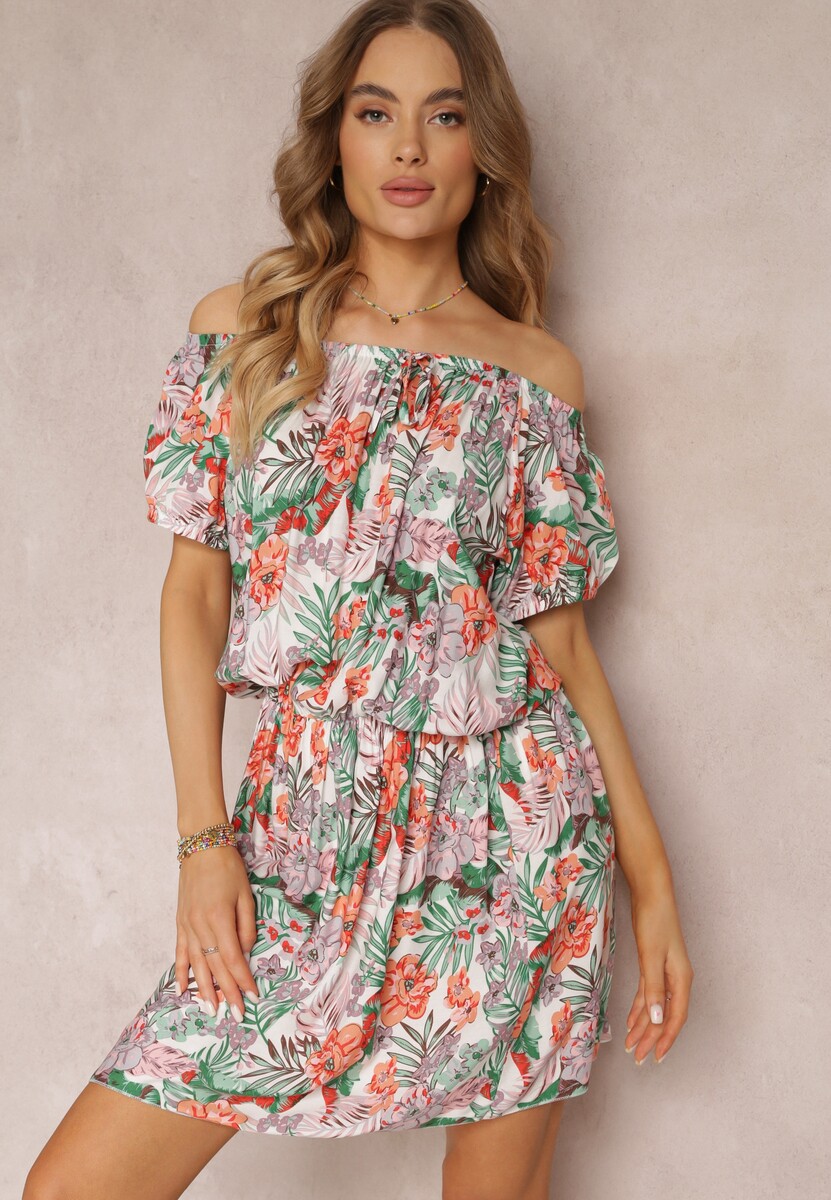 Rochie mini alb-verde din viscoză cu flori cu decolteu spaniol și elastic în talie Selecia 1