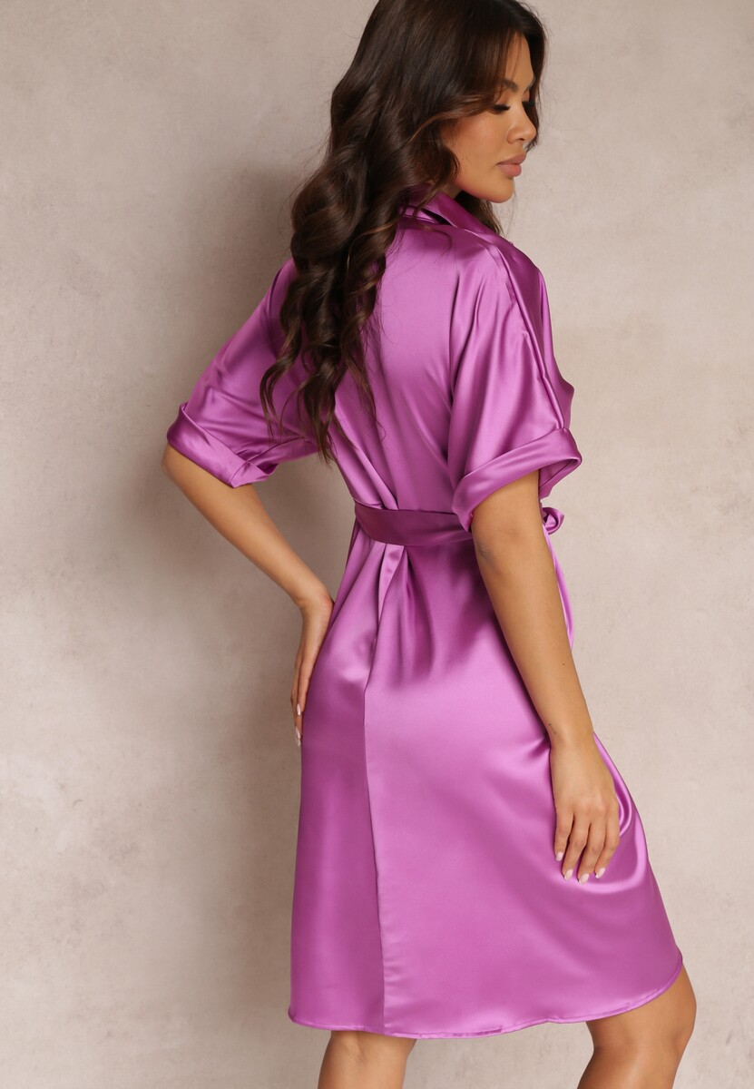 Rochie Cămașă Violet Închis Cu Pliuri Și Cordon Batha 3