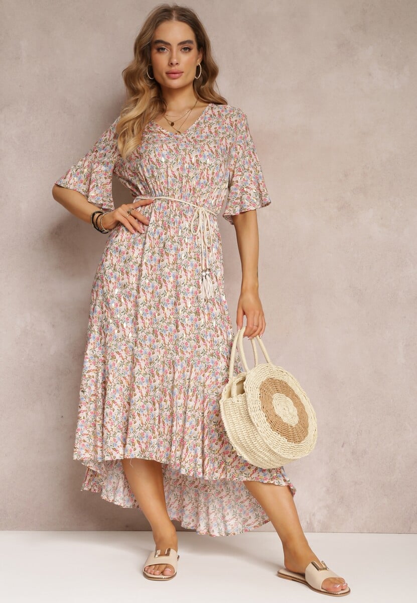 Rochie midi alb-roz din viscoză cu imprimeu floral elastic în talie și volan Nothy 1