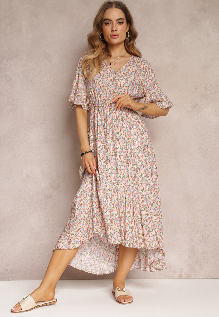 Rochie midi alb-roz din viscoză cu imprimeu floral elastic în talie și volan Nothy 2
