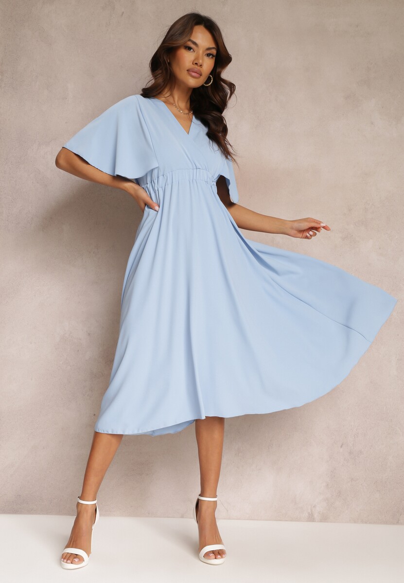 Niebieska Sukienka z Gumką w Talii Krótkim Rękawem i Kopertowym Dekoltem Kelila