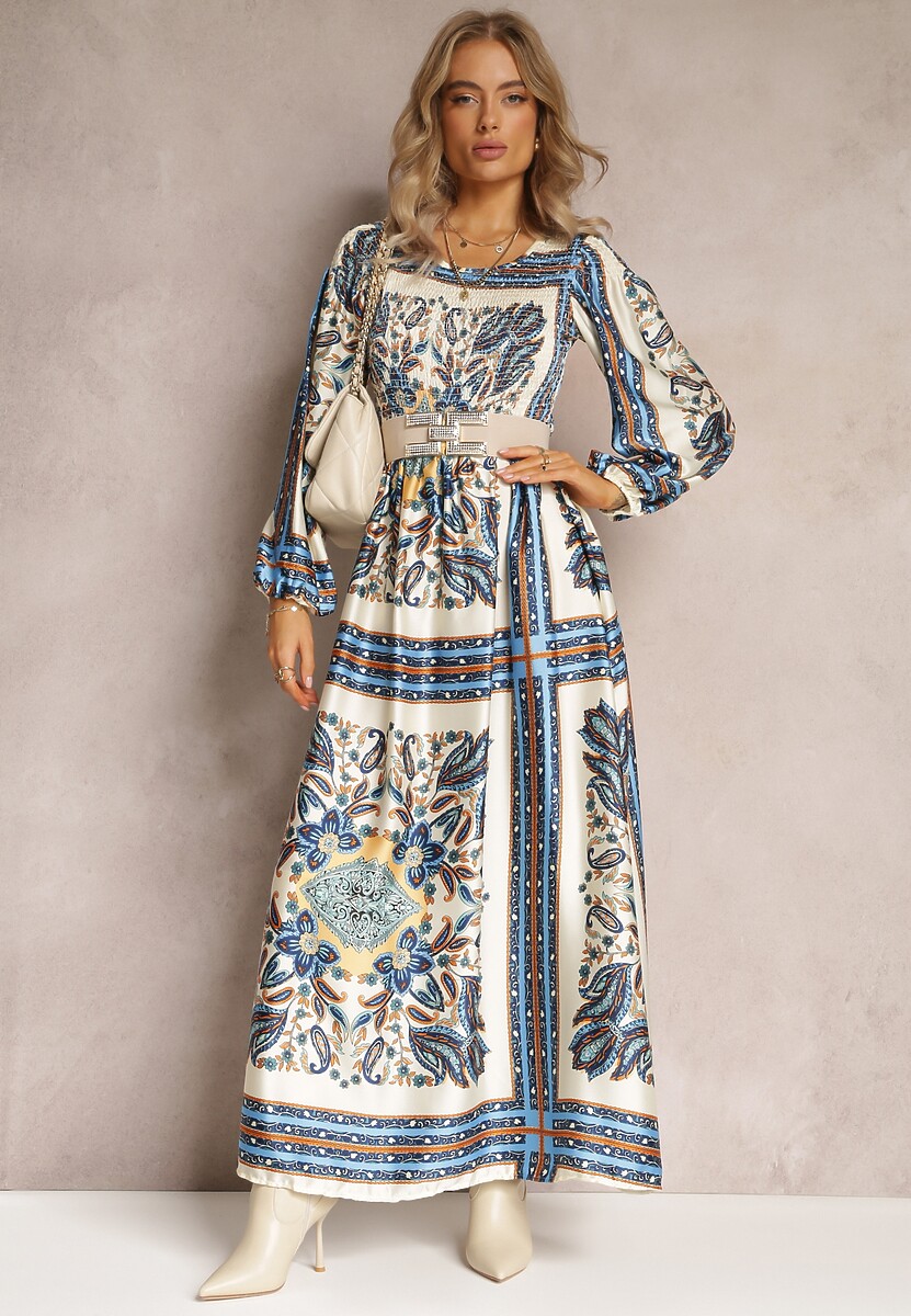 Granatowo-Beżowa Rozkloszowana Sukienka Maxi w Stylu Boho z Gumką w Pasie Elenetha 1
