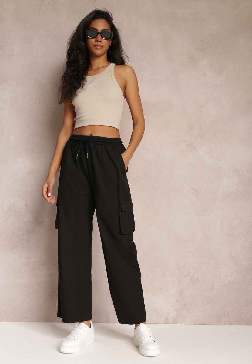 Negru Pantaloni Cargo cu Picior Larg și Elastic în Talie Zael 2