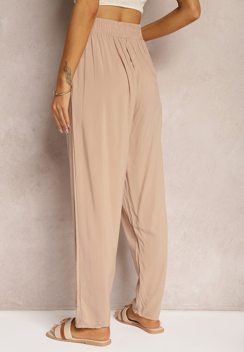 Bej Pantaloni Vâscoză Elastic Talie Conici Sumipaku 3