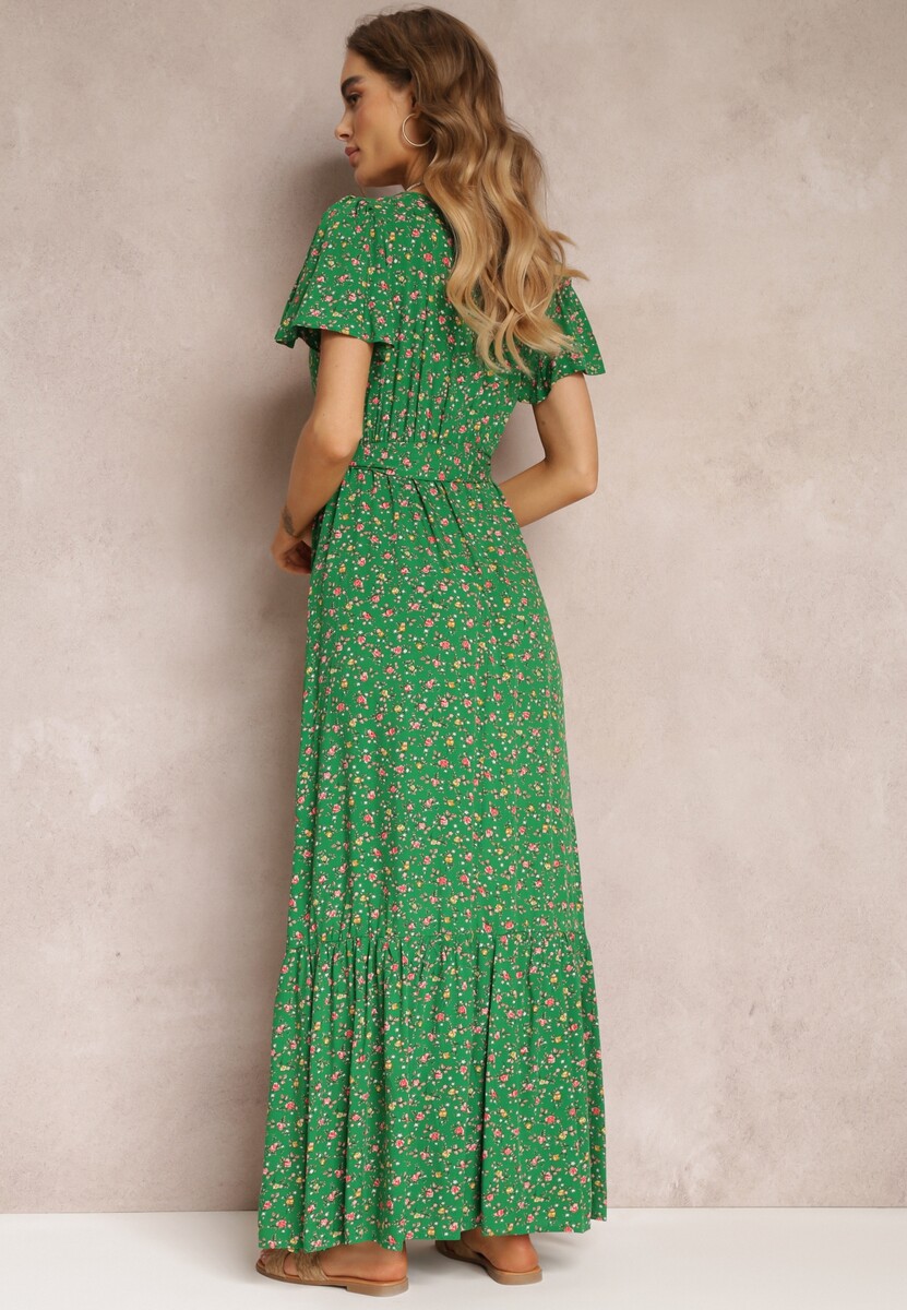 Rochie Verde Lungă cu Imprimeu Floral cu Elastic în Talie și Decolteu Tip Plic Deniva 3