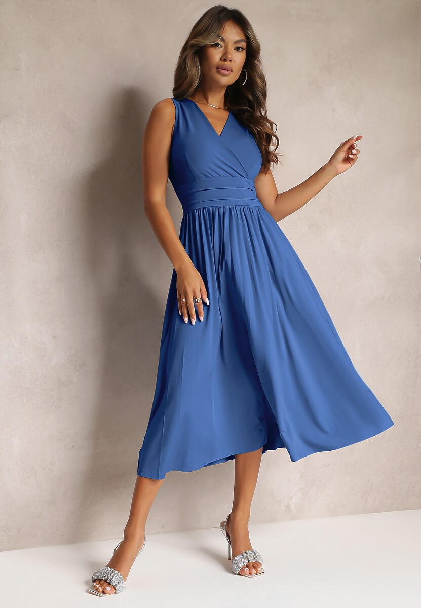 Niebieska Sukienka z Kopertowym Dekoltem i Plisowanym Dołem Anamarie
