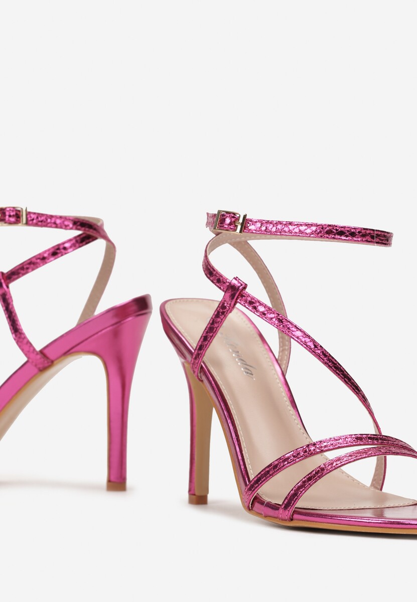 Sandale Fucsia Metalice cu Toc Stiletto cu Curele Subțiri cu