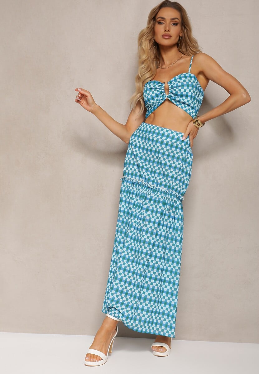 Bleumarin Compleu din 2 Piese Fusta Clopot cu Elastic in Talie si Top Scurt Janai 1