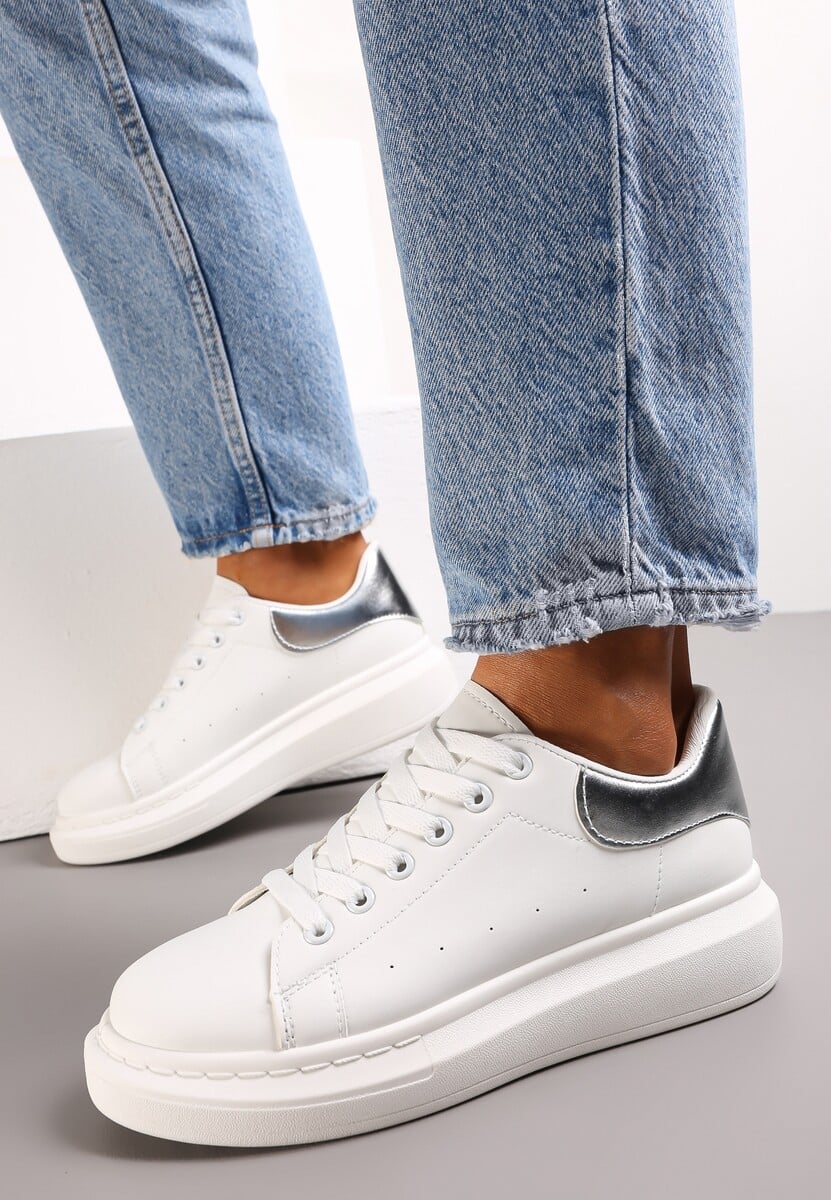 Sneakers Albi Argintii pe Platformă cu Călcâi Decorativ Davilana 1