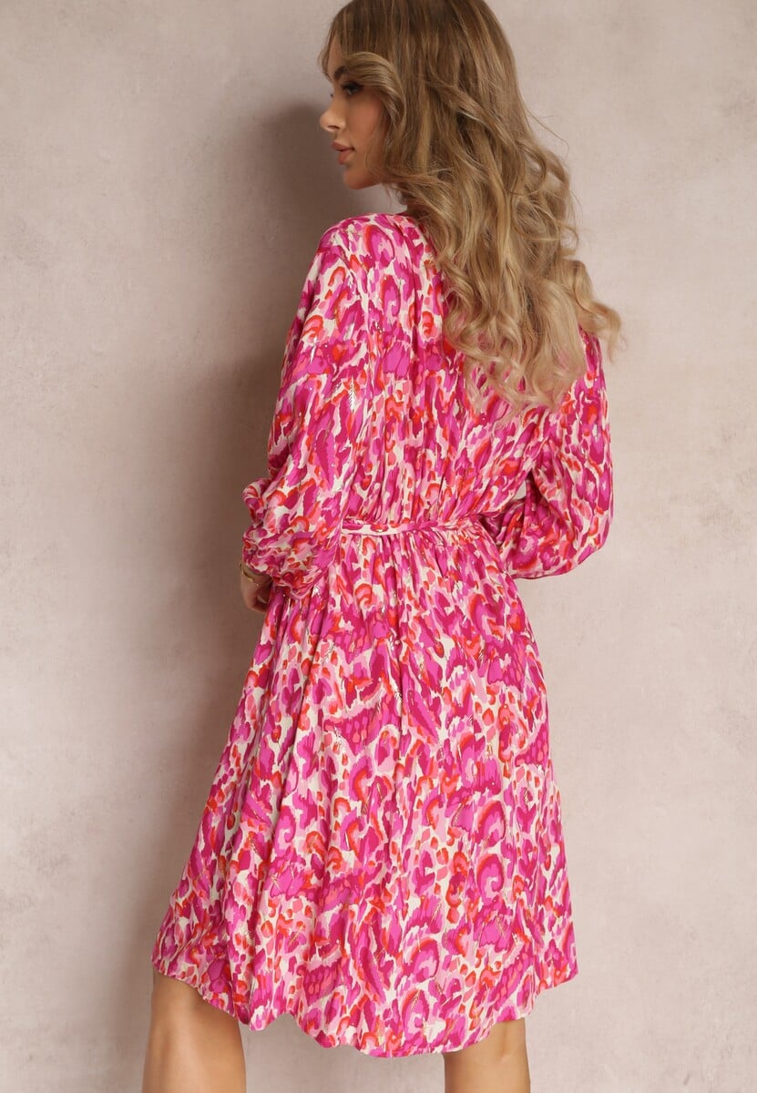 Rochie Midi Fucsia tip Creion cu Curea și Fir Metalic Armellia 3