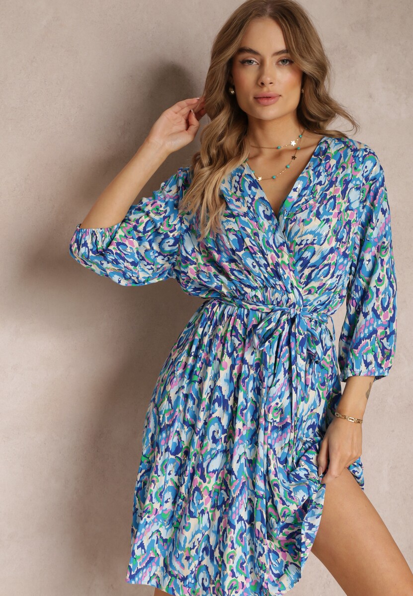 Rochie midi albastră tip plic cu cordon și fir metalic Armellia 1