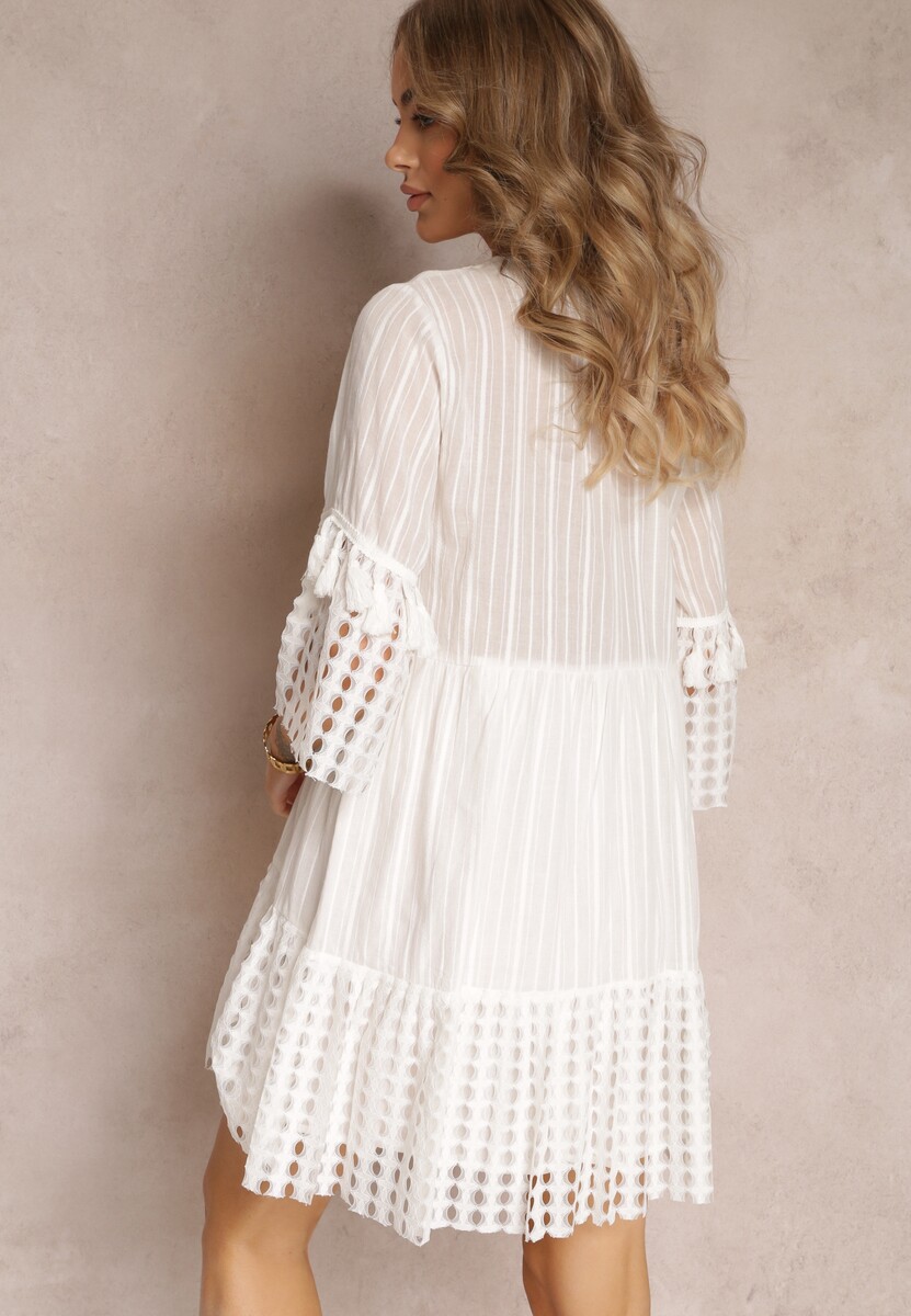 Rochie mini albă din bumbac cu decolteu din dantelă și mâneci 3/4 decorate Chlona 3