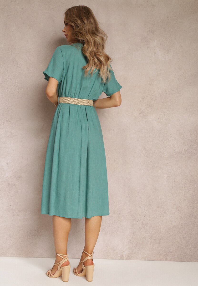 Rochie cămașă midi verde din bumbac cu elastic în talie și curea împletită Emera 3