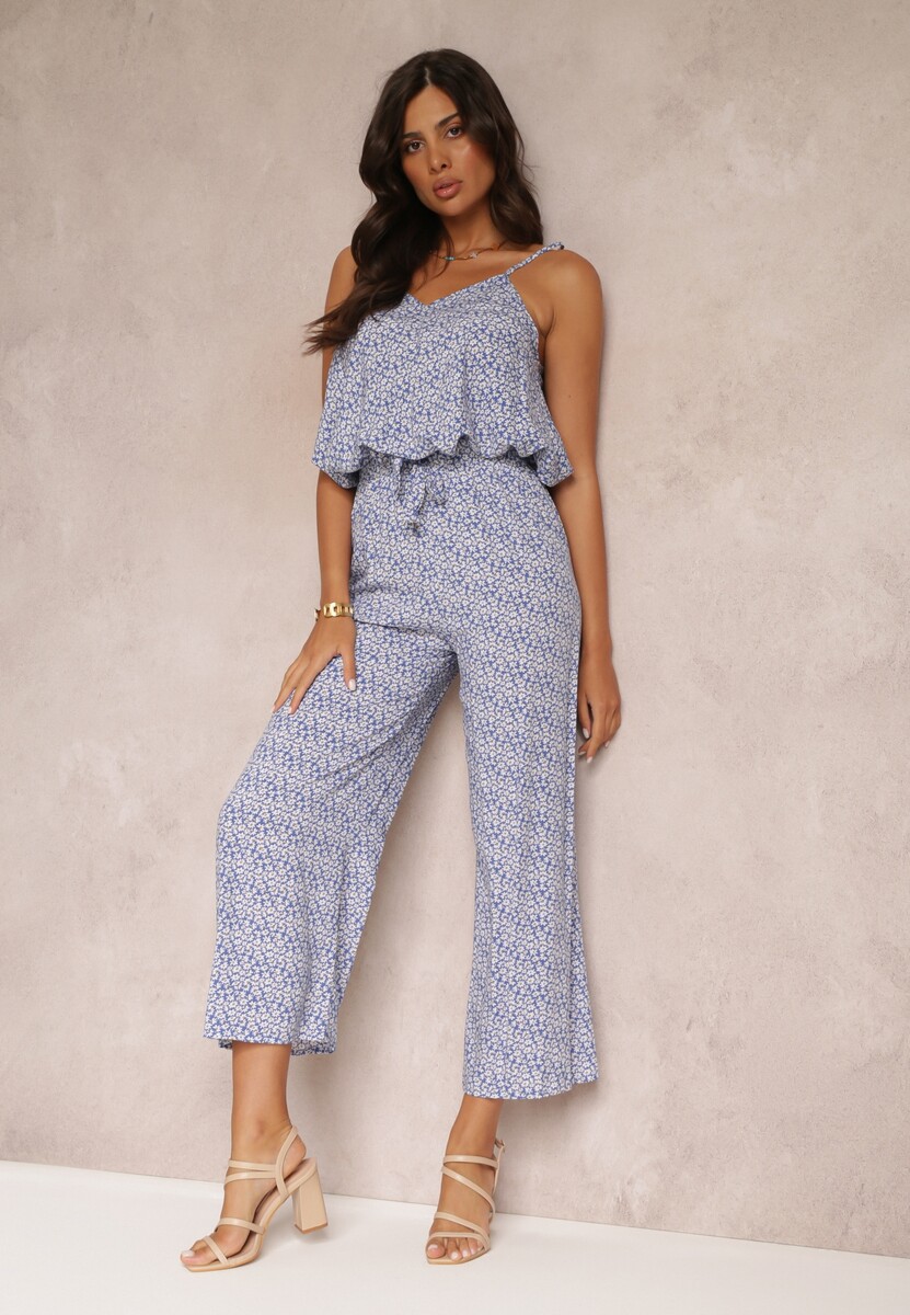 Compleu albastru din bumbac cu imprimeu floral compus din top și pantaloni Talihah 1