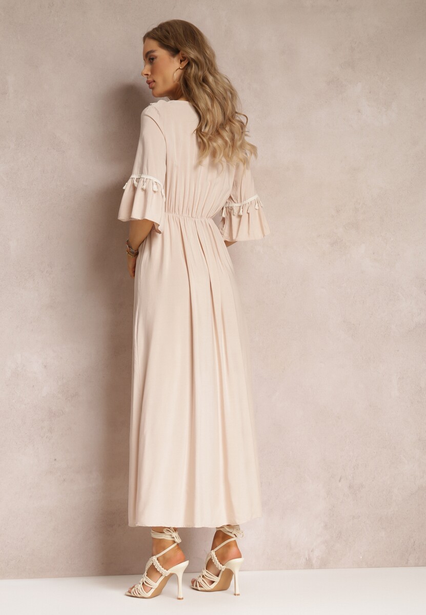 Rochie maxi bej cu elastic în talie cu ciucuri decorativi din viscoză Zisel 3
