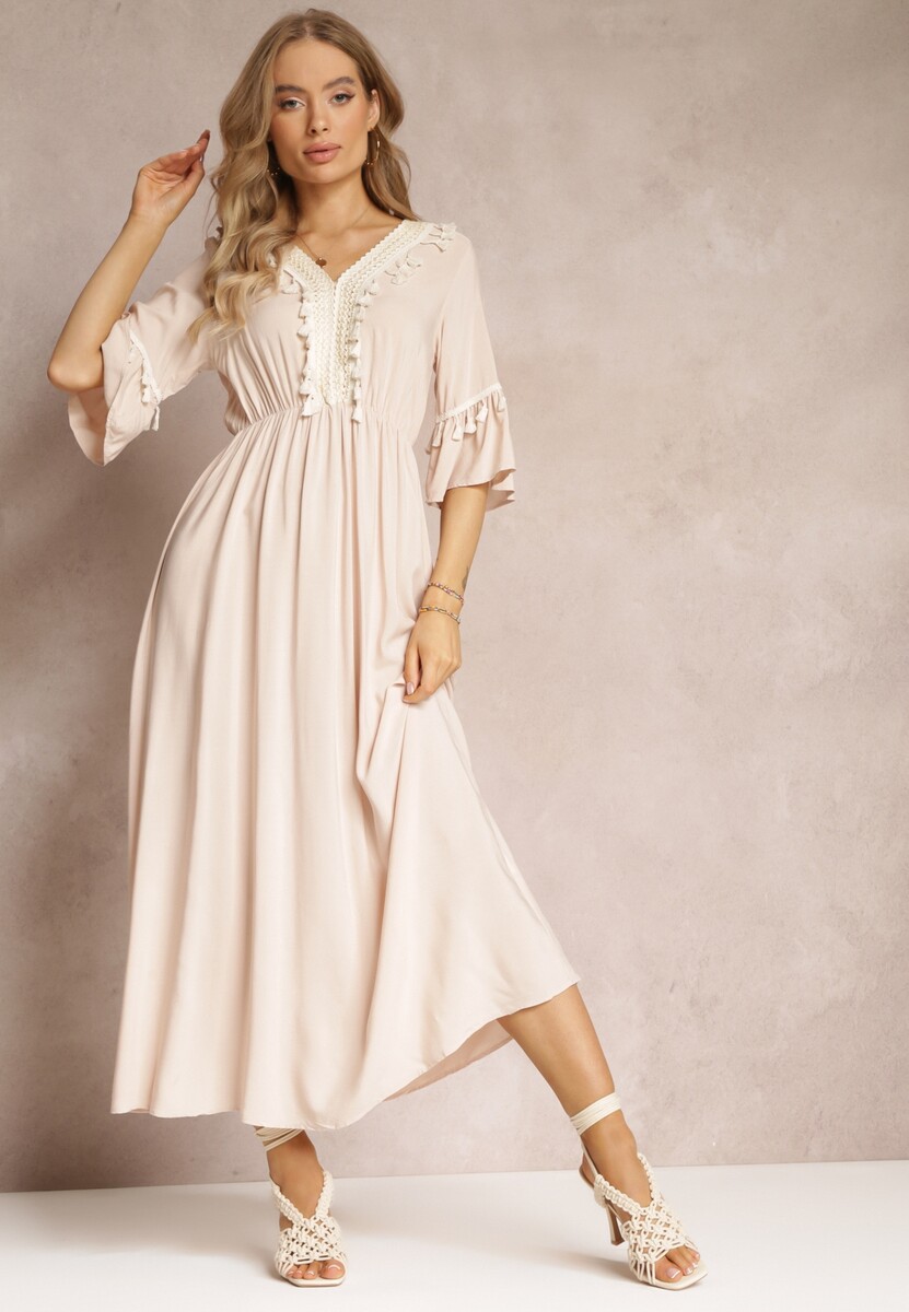 Rochie maxi bej cu elastic în talie cu ciucuri decorativi din viscoză Zisel 1