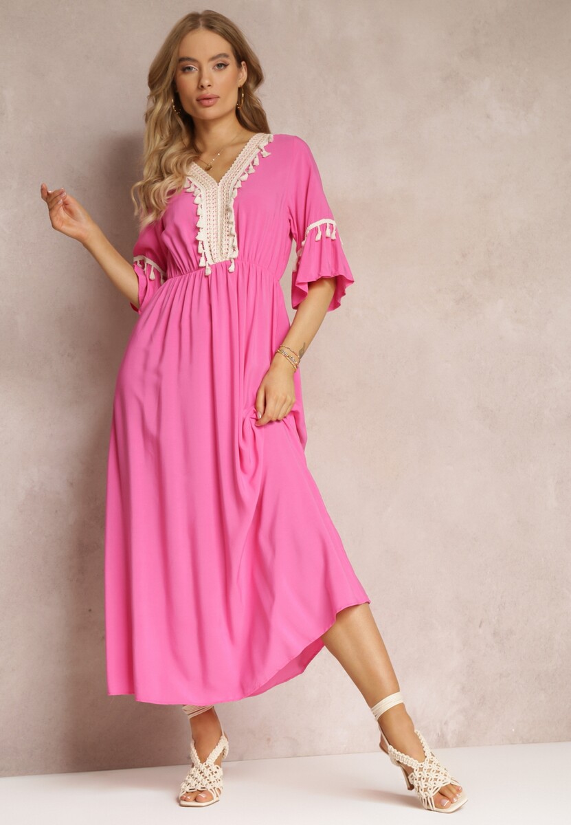 Rochie Maxi Fucsia cu Elastic în Talie cu Ciucure Decorativi din Viscoză Zisel 1