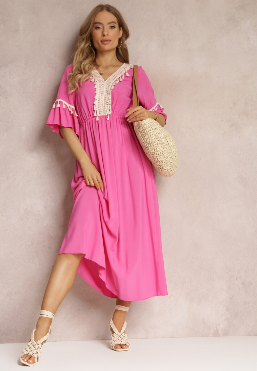 Rochie Maxi Fucsia cu Elastic în Talie cu Ciucure Decorativi din Viscoză Zisel 2