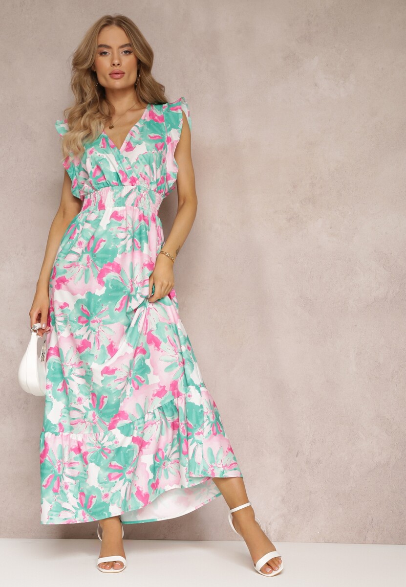 Jasnozielona Rozkloszowana Sukienka w Kwiaty z Gumką w Pasie Viente 1