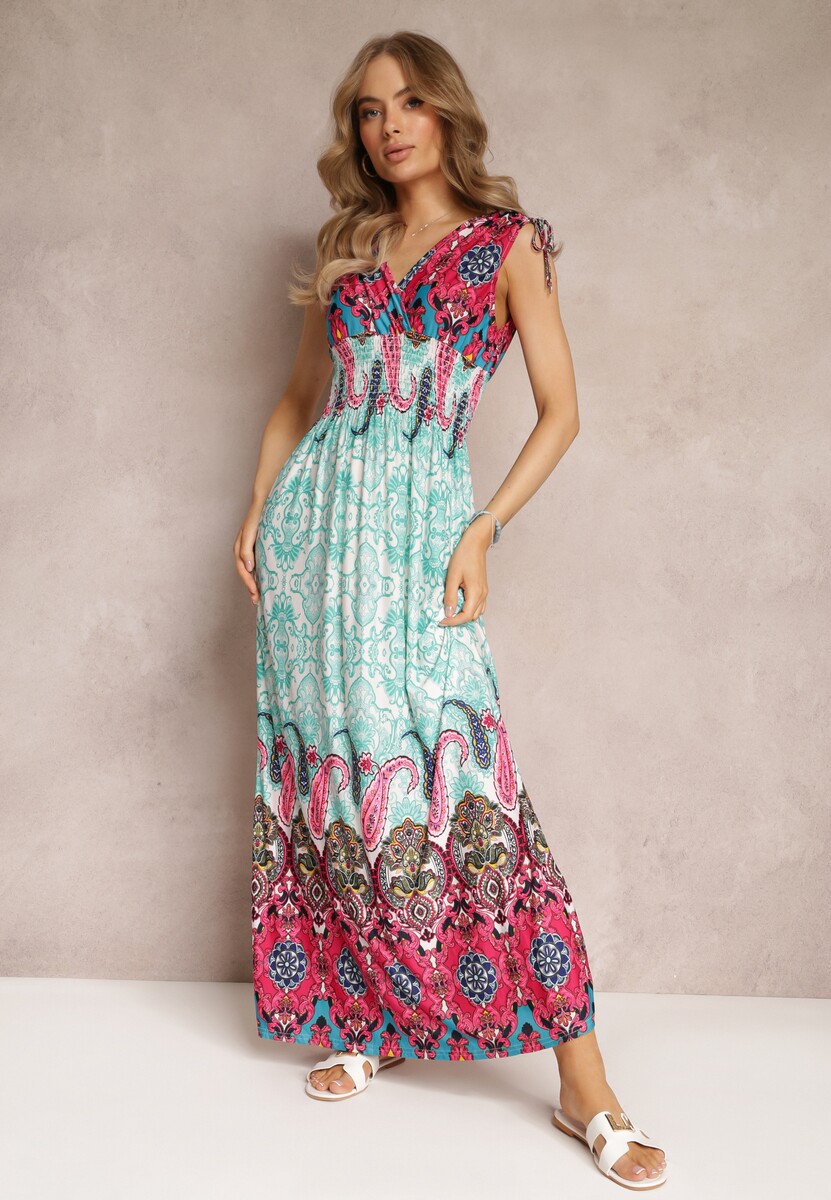 Miętowo-Fuksjowa Sukienka Maxi w Stylu Boho z Gumką w Pasie Bernette 1