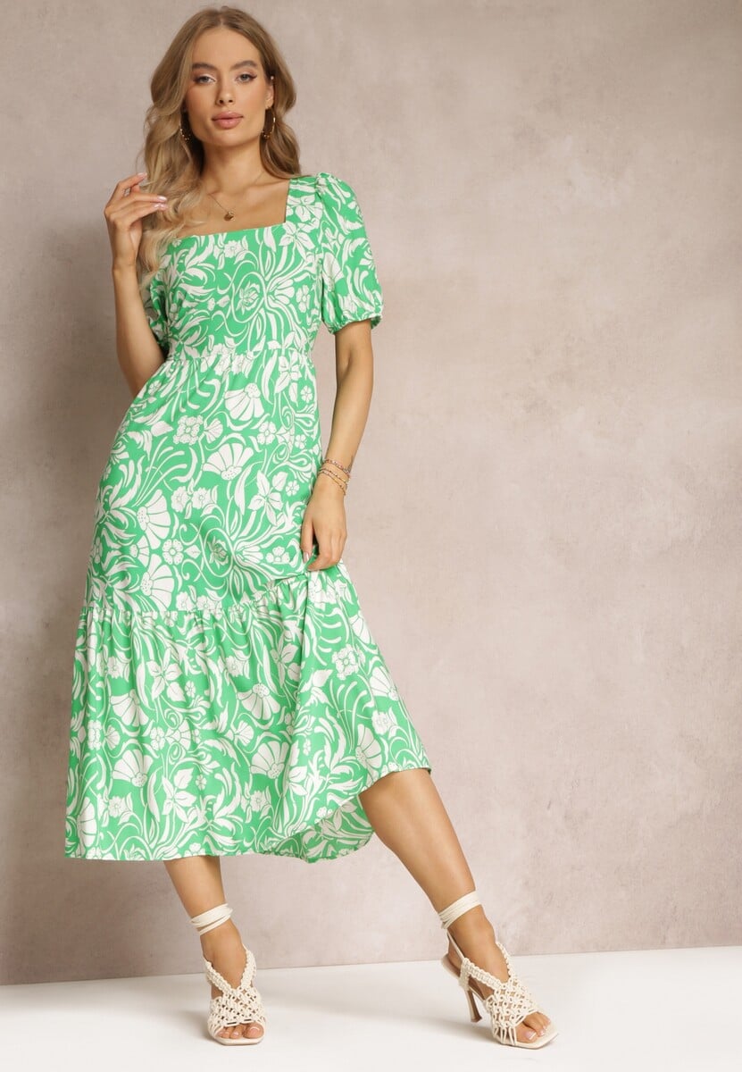 Rochie midi verde deschis clos din viscoză cu flori Alexanita 1