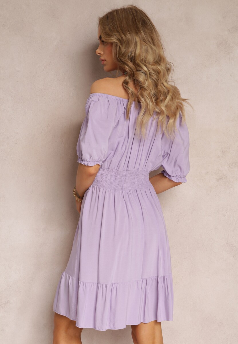 Rochie Violetă din Bumbac cu Umeri Descoperiți și Elastic în Talie Rosaliesta 3
