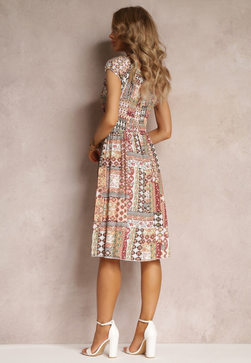 Beżowa Sukienka Midi Hiszpanka z Gumkami w Talii z Wiskozy Naomita 3