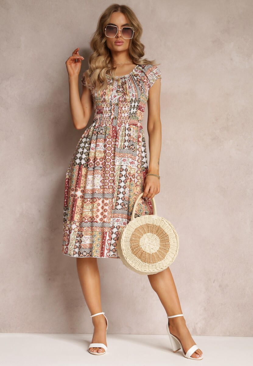 Beżowa Sukienka Midi Hiszpanka z Gumkami w Talii z Wiskozy Naomita 2