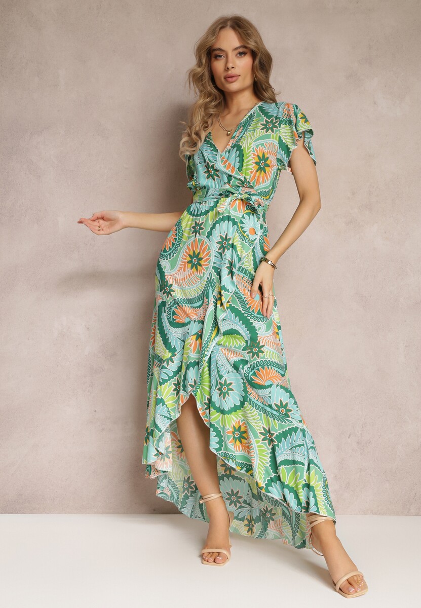 Rochie maxi verde tip creion cu curea din material și elastic în talie din bumbac Alyn 1