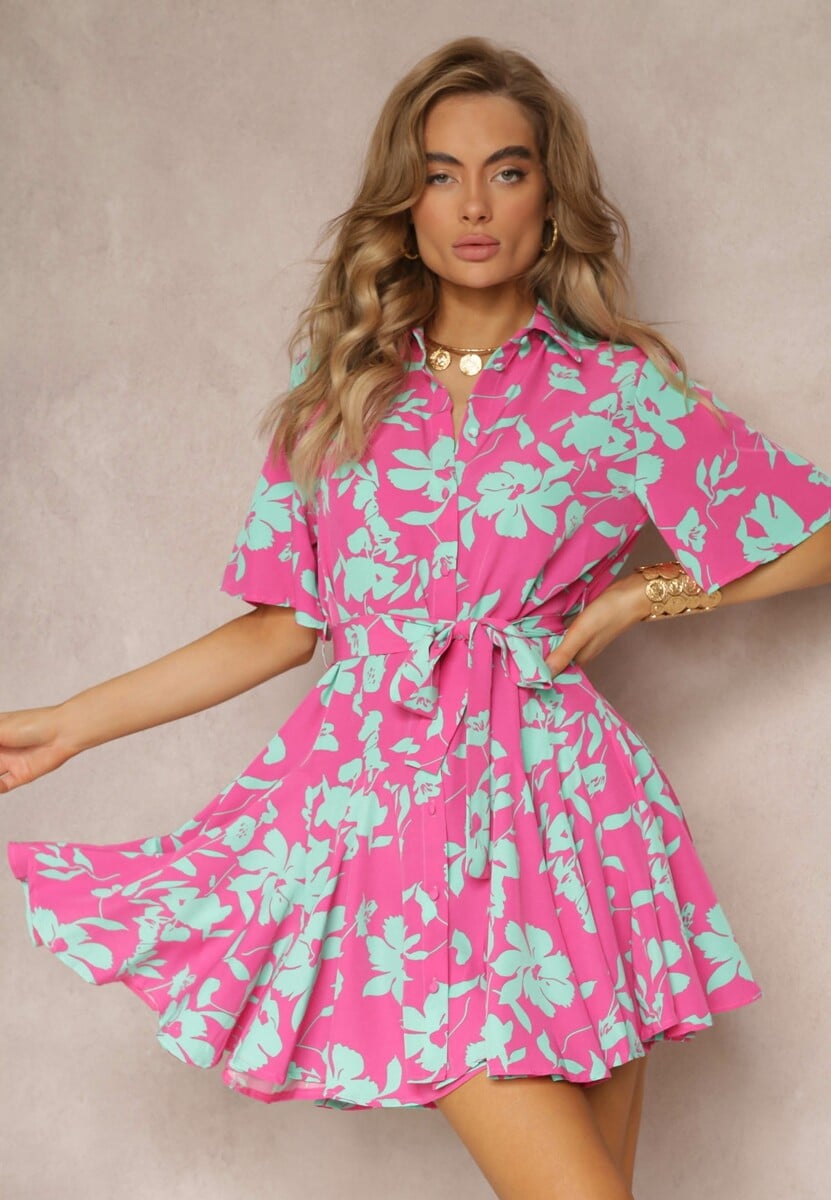 Różowo-Zielona Kwiecista Sukienka Mini w Koszulowym Stylu Tillsenta 1