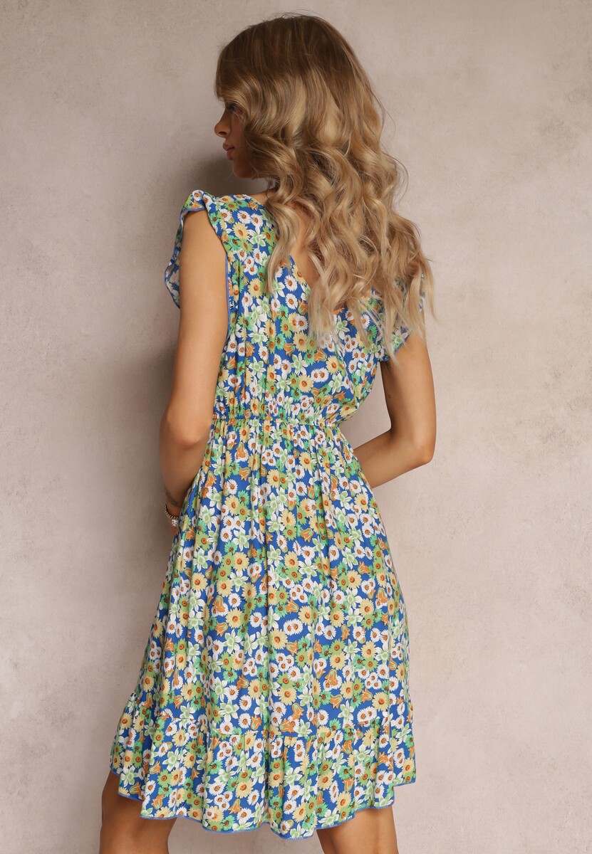 Rochie Mini din Bumbac Verde-Bleumarin cu Elastic în Talie cu Flori Ariellia 3
