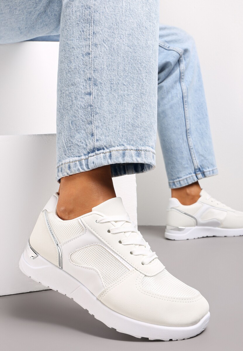 Białe Sneakersy na Grubej Podeszwie z Metaliczną Wstawką Leesa 1