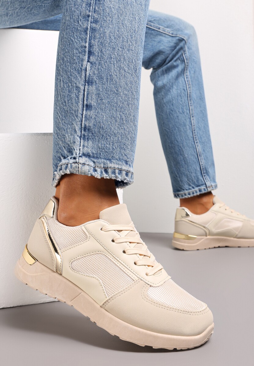 Beżowe Sneakersy na Grubej Podeszwie z Metaliczną Wstawką Leesa 2
