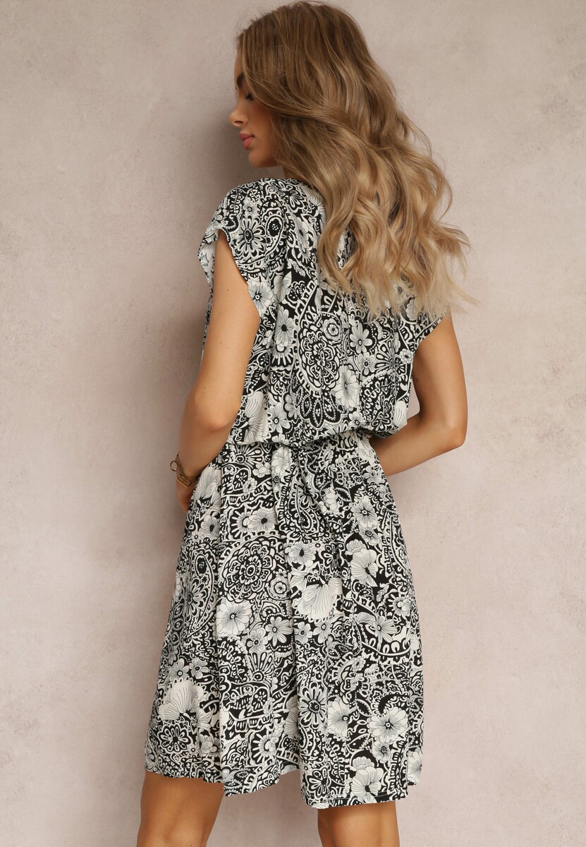 Rochie Neagră Mini Cu Imprimeu Floral Elastic în Talie și Fustă Cloș din Viscoză Doenix 3