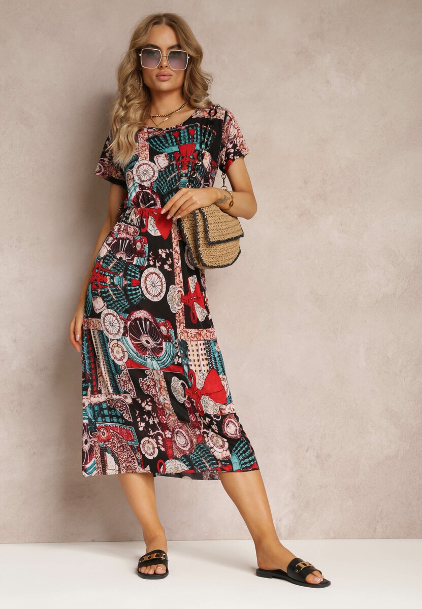 Rochie midi clopot neagră și roșie cu elastic în talie și mâneci scurte Tynesa 2