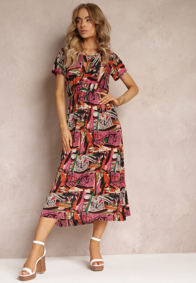 Rochie roz-roșie evazată midi cu elastic în talie și mâneci scurte Tynesa 1