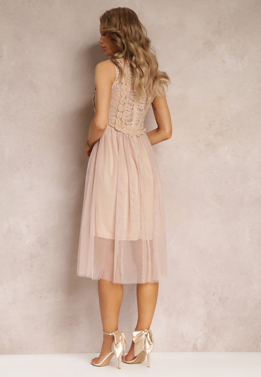 Rochie de Cocktail Midi Bej Deschis cu Dantelă în Partea de Sus și Tul în Partea de Jos Nebulia 3