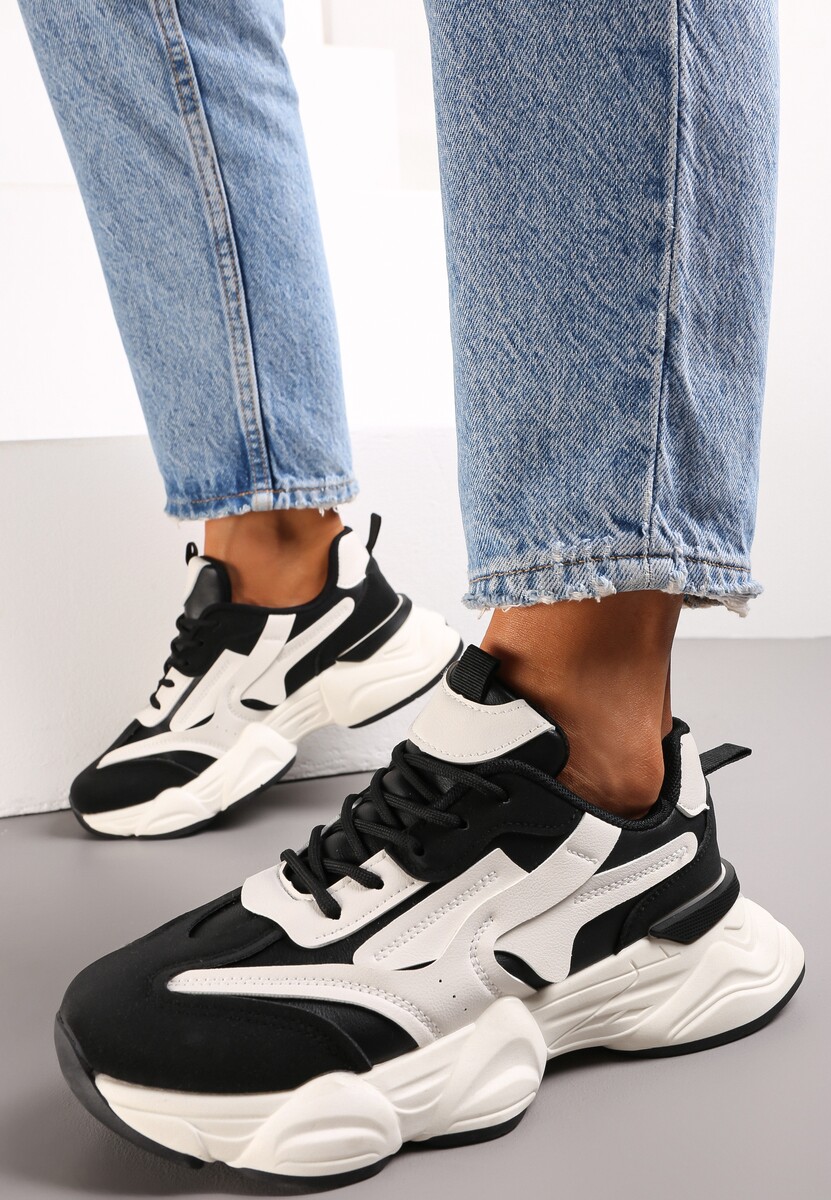 Czarne Sznurowane Sneakersy na Grubej Podeszwie przed Kostkę Calderia 2