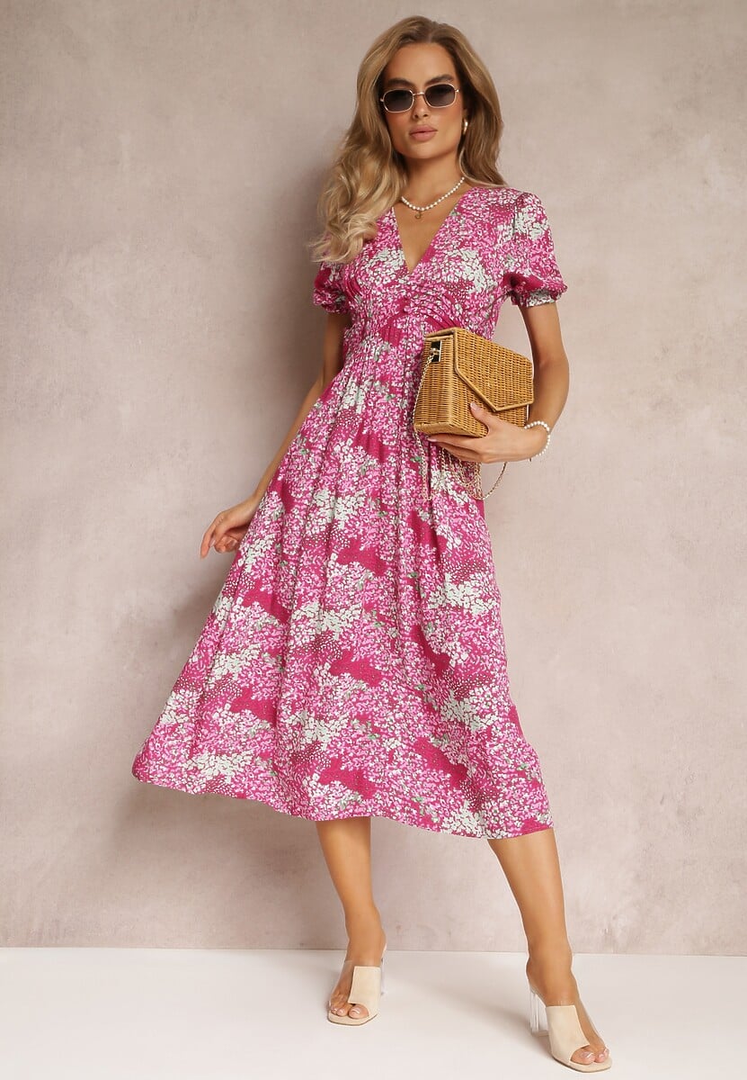 Rochie midi fuchsia din viscoză cu mâneci scurte și decolteu adânc Emsle 1