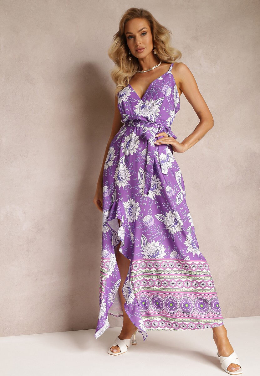 Rochie Maxi Violetă cu Bretele Subțiri și Fustă Cloș cu Volan Charlei 1