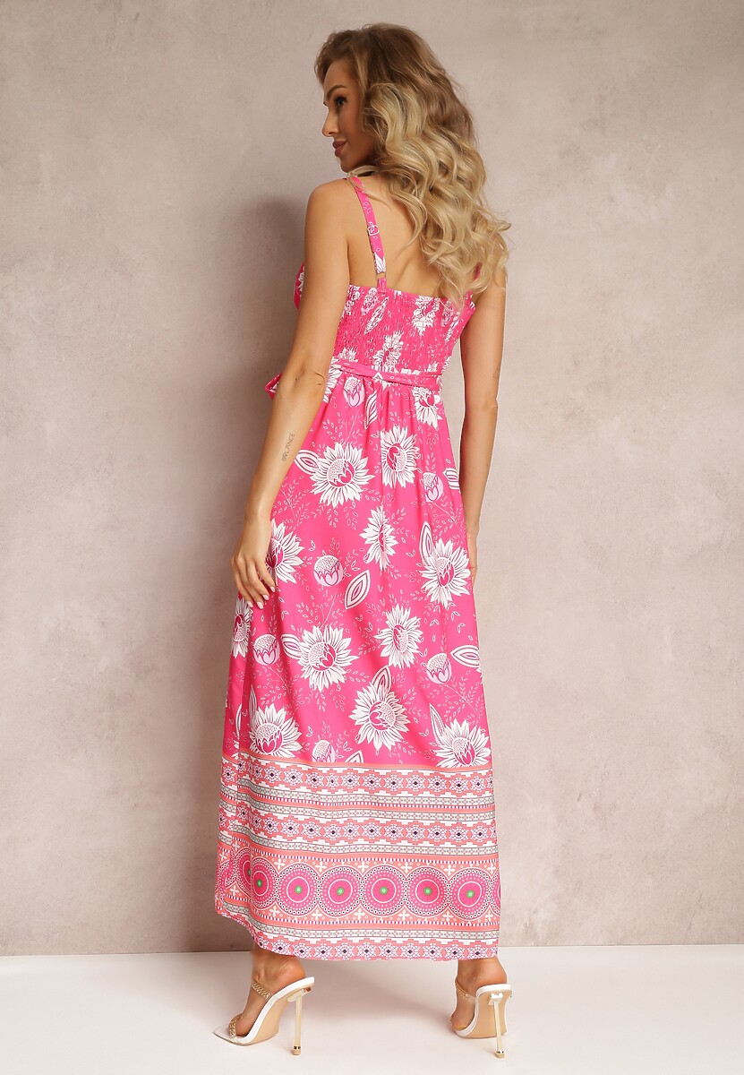 Rochie Fucsia Maxi Bretele Subțiri și Fustă Cloș cu Volan Charlei 3