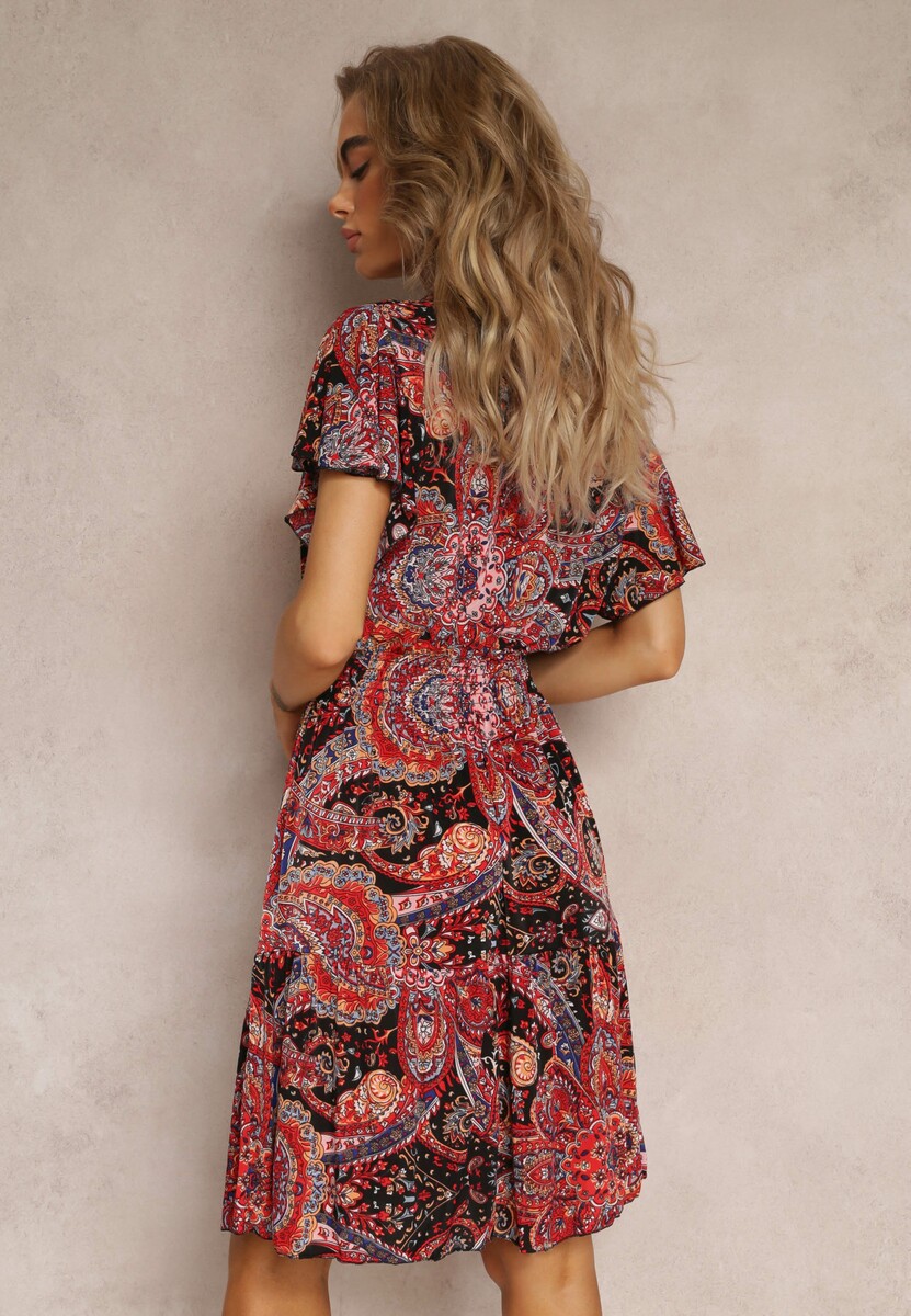 Rochie Mini Roșu-Negru cu Decolteu Încrucișat și Elastic în Talie cu Imprimeu Floral Caladin 3