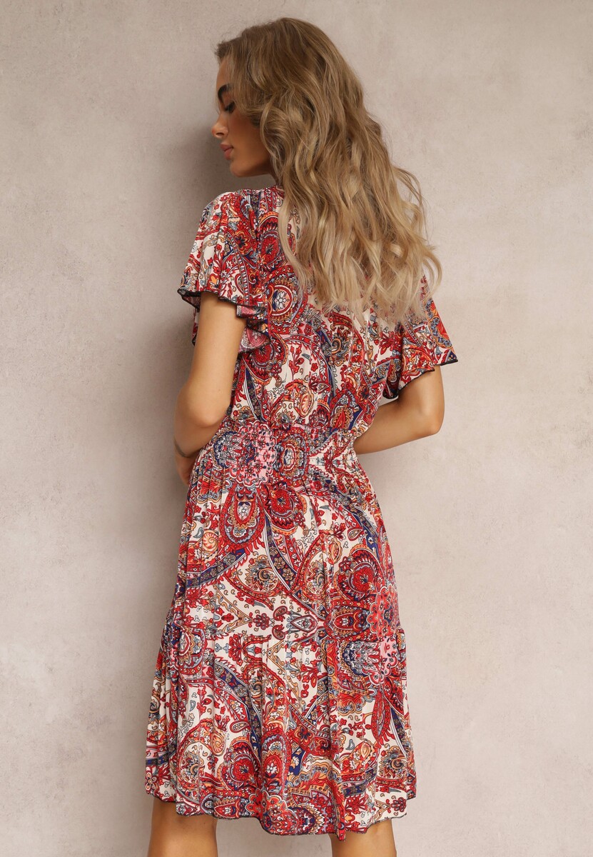 Rochie Mini Roșie cu Decolteu Înfășurat și Elastic în Talie cu Imprimeu Floral Caladin 3
