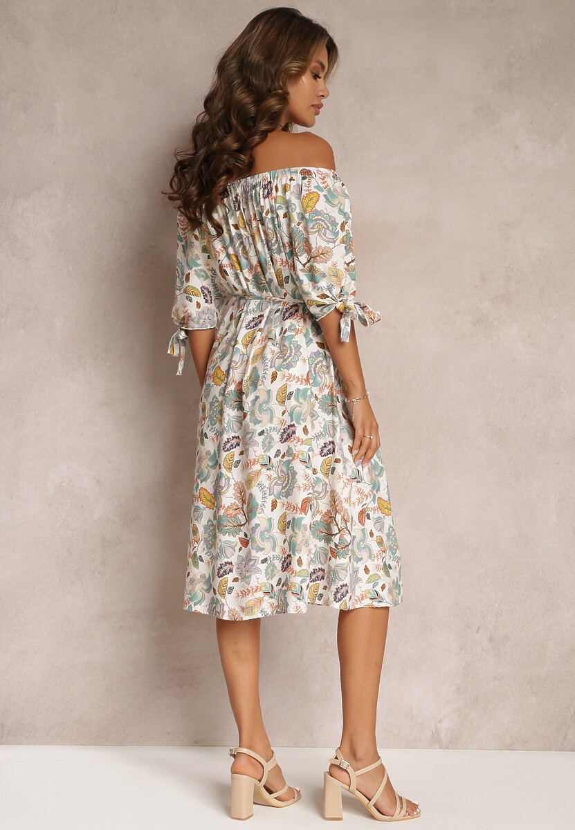 Rochie midi din viscoză bej-verde cu decolteu spaniol și mâneci decorative Ahnesa 3